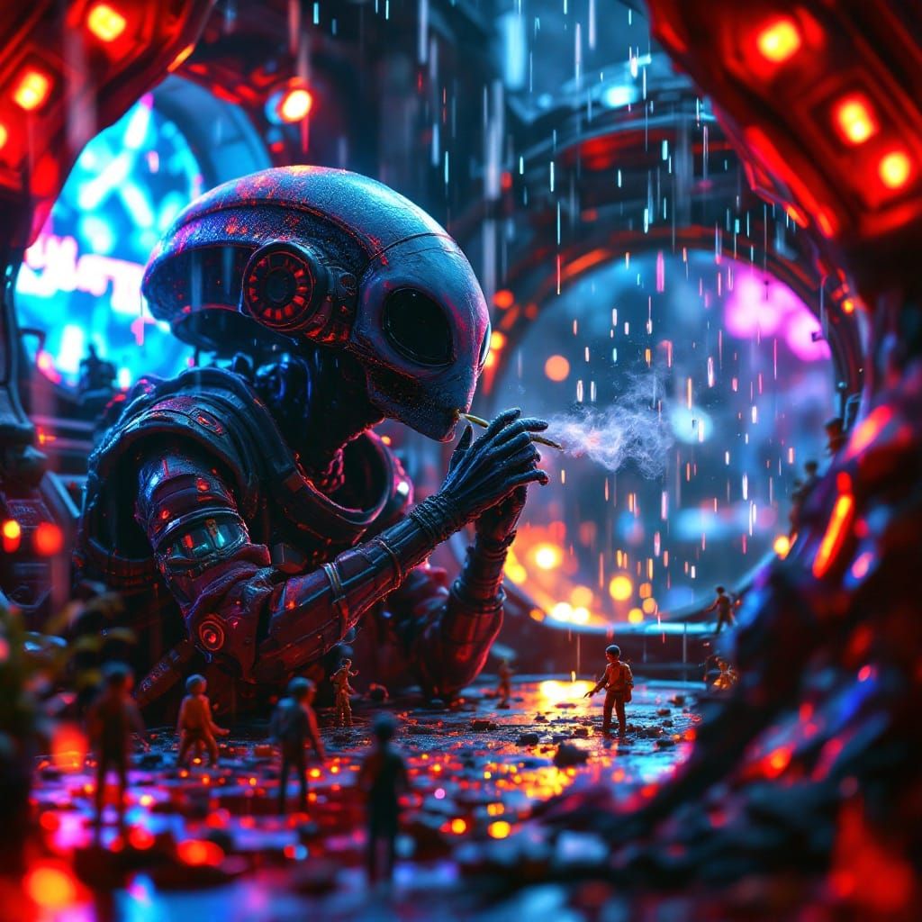 London Space Alien Smokes Joint Amidst Miniature Slaves in P...