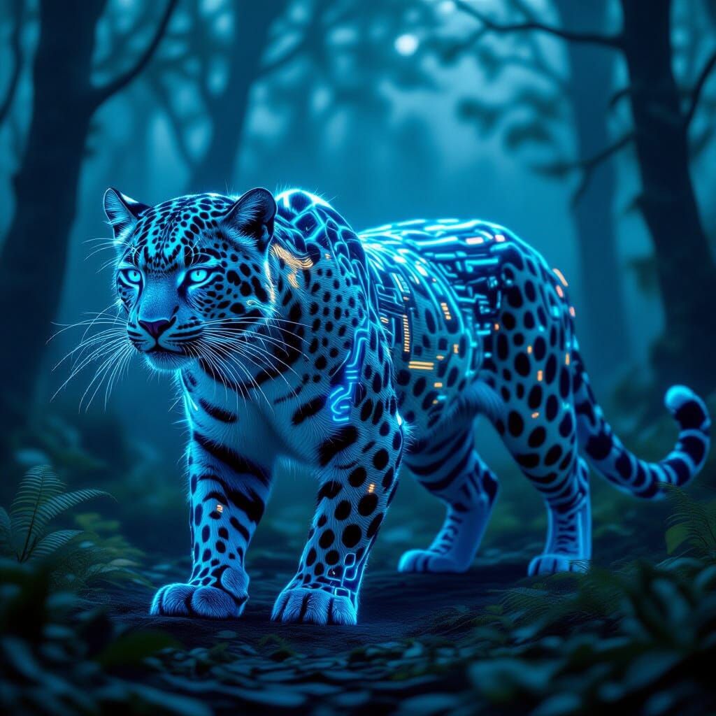 Bioluminescent Biomechanical Leopard in Cyberpunk Style