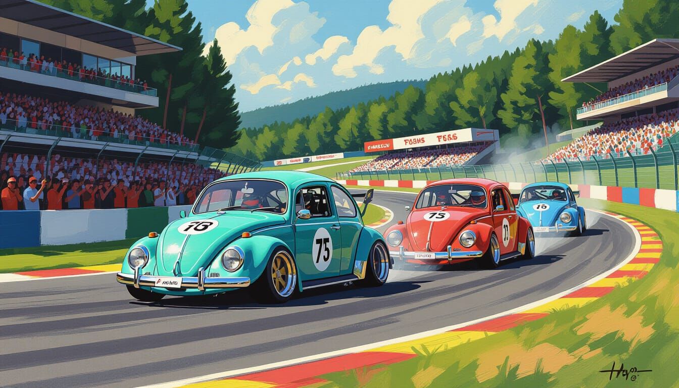 Volkswagen Beetles Racing at Spa in Neo-Impressionist Style