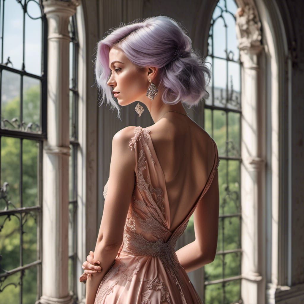 Woman with Peppermint Hair Gazing out Mansion Window
