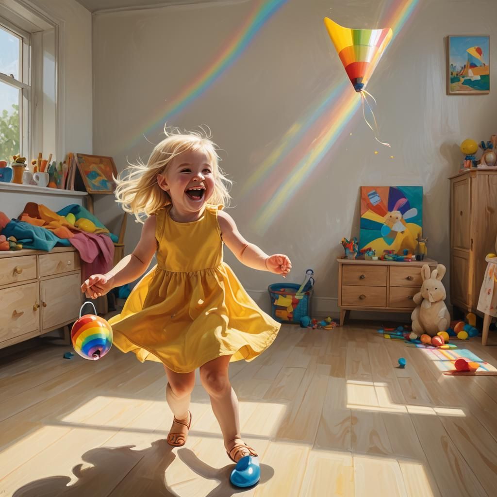 Joyful Girl Playing in a Sunlit Room