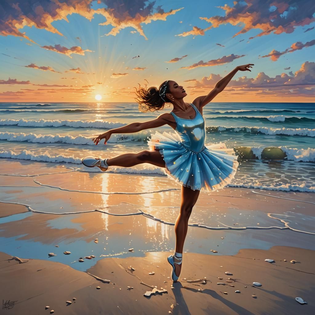 Ballet Dancer's Grand Jeté at Sunset in Graffiti Art