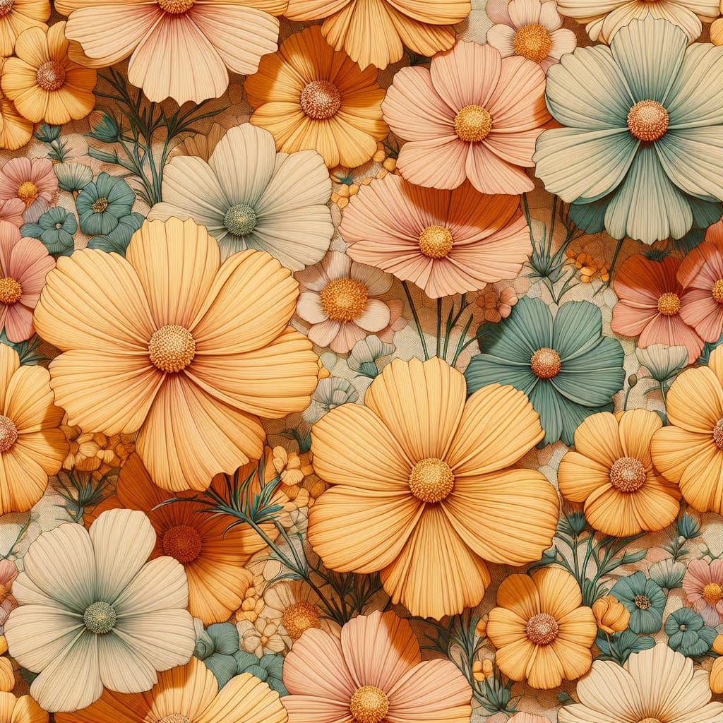 Floral Seamless Patterns Flower Papers, A Myriad of 3d Cosmos Apricot Yellow Flowers, folk art watercolor, Light Heliotr...