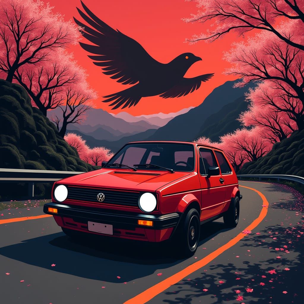 Red Volkswagen Lupo on Japanese Mountain Road in Phonk Style