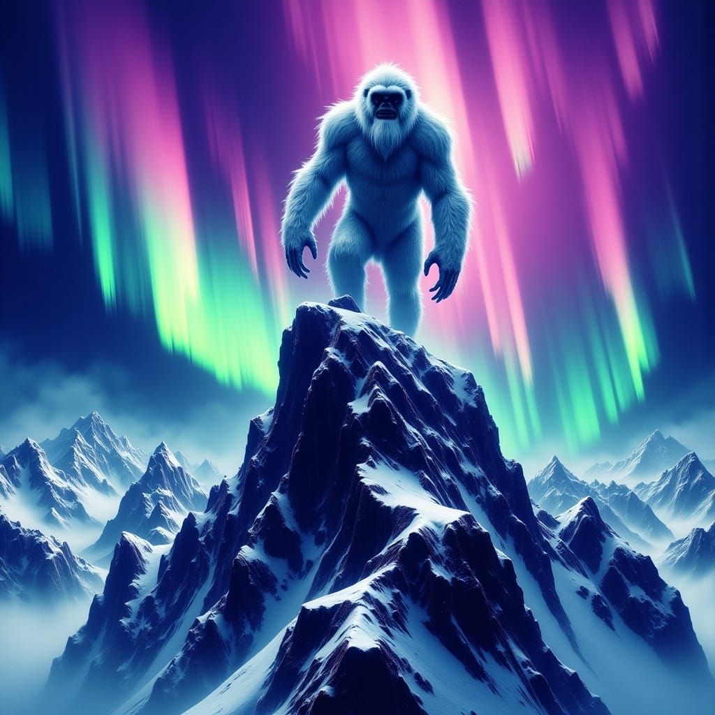 Yeti in a Haunting Mountain Landscape with Swirling Aurora