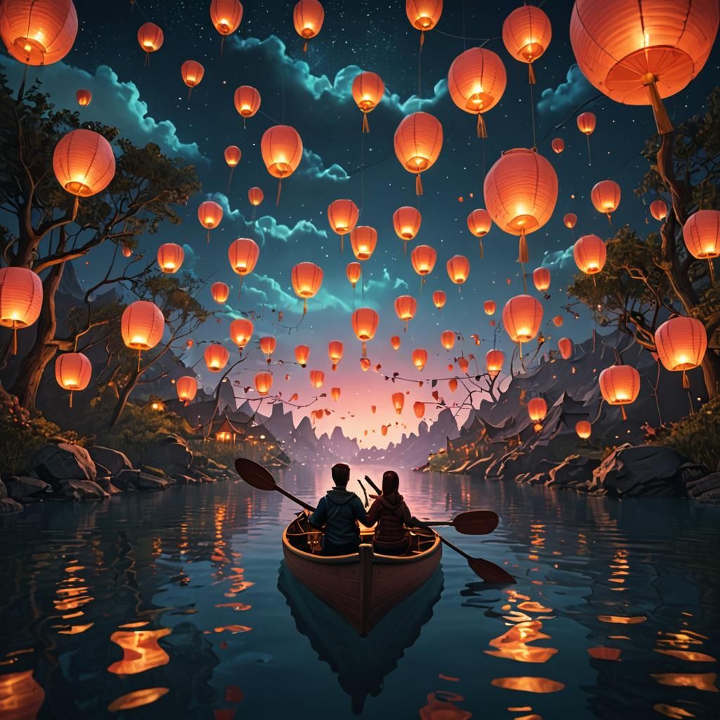 Romantic Canoe Ride Under Floating Lanterns