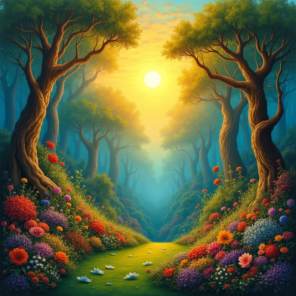 Lush Garden of Eden in Surreal Style