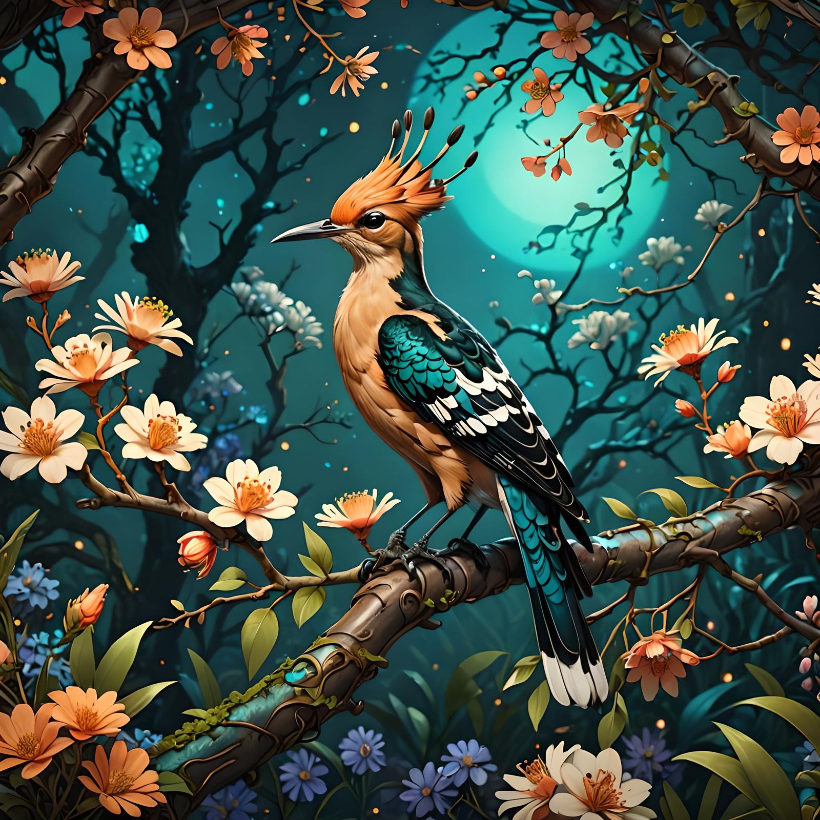 Hoopoe Bird on Bioluminescent Branch in Mucha Style