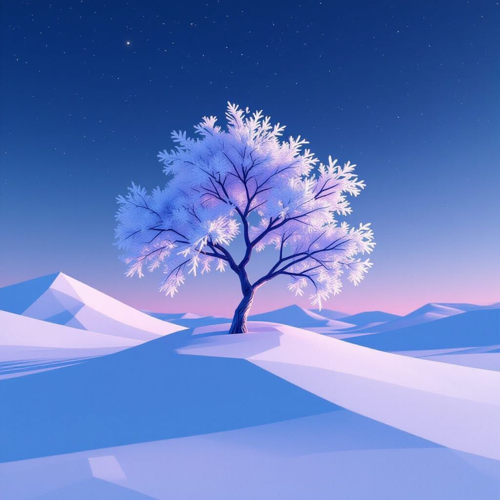 Stylized Frost Tree in Low Poly Tundra Landscape