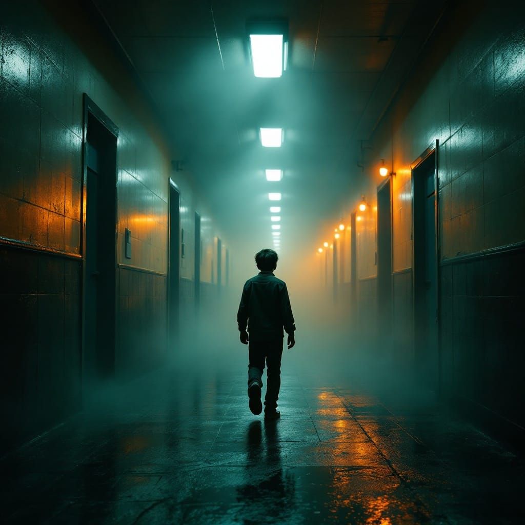 Mysterious School Hallway in a Cyberpunk Aesthetic