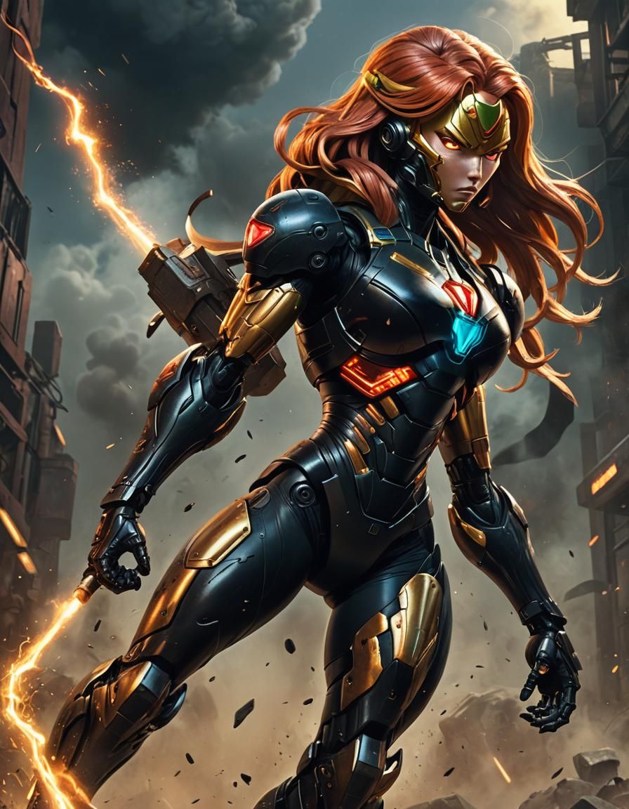 Muscular Samus Aran in Sleek Cyberpunk Armor