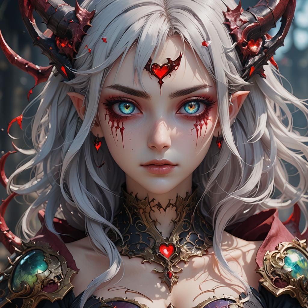 Anime Demon Girl with Heart Pupils, Detailed Matte Painting