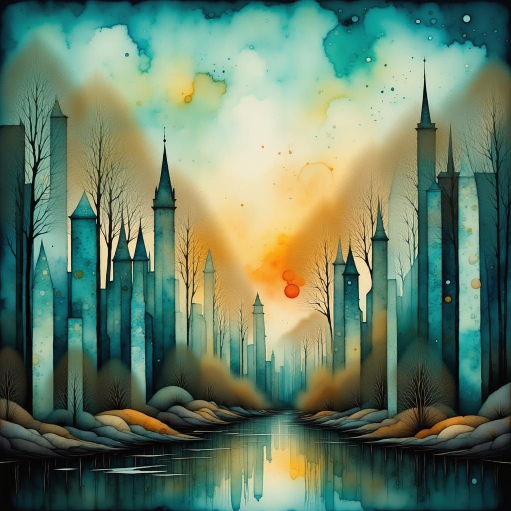 Turquoise Cityscape: Encaustic Impasto Painting