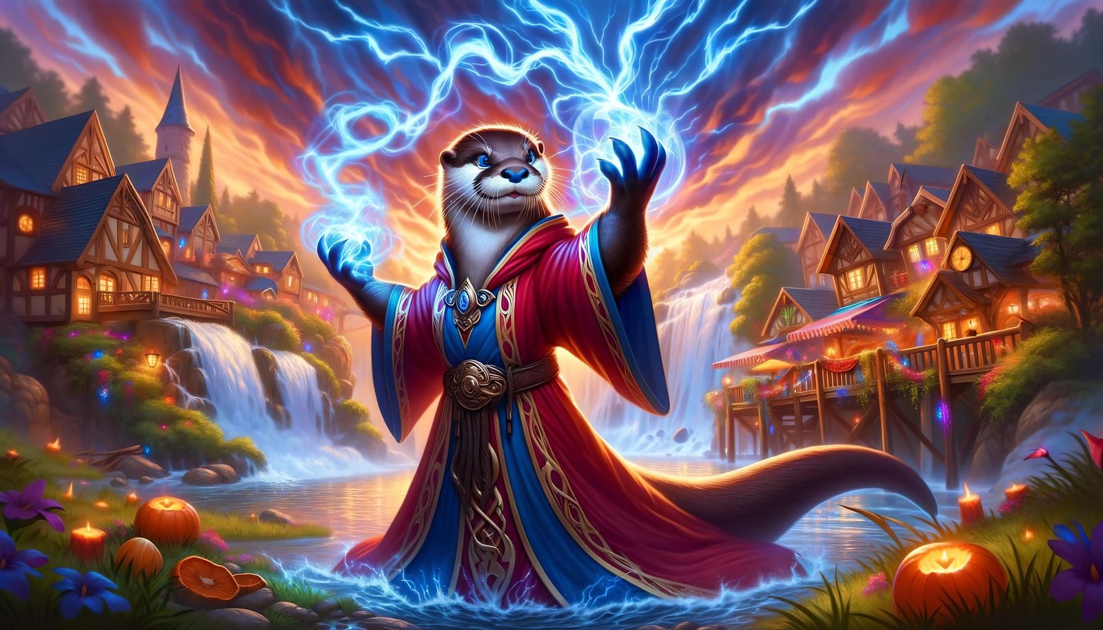 Otter Wizard Harnessing Storm Energy in Fantasy Village