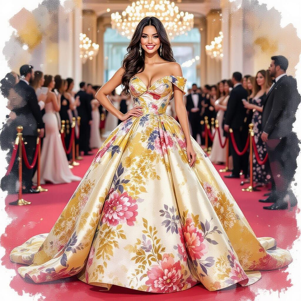 Woman in Golden Gown on Red Carpet, Watercolor Style