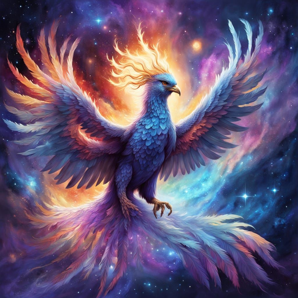 Ethereal Phoenix Ascends from Cosmic Nebula