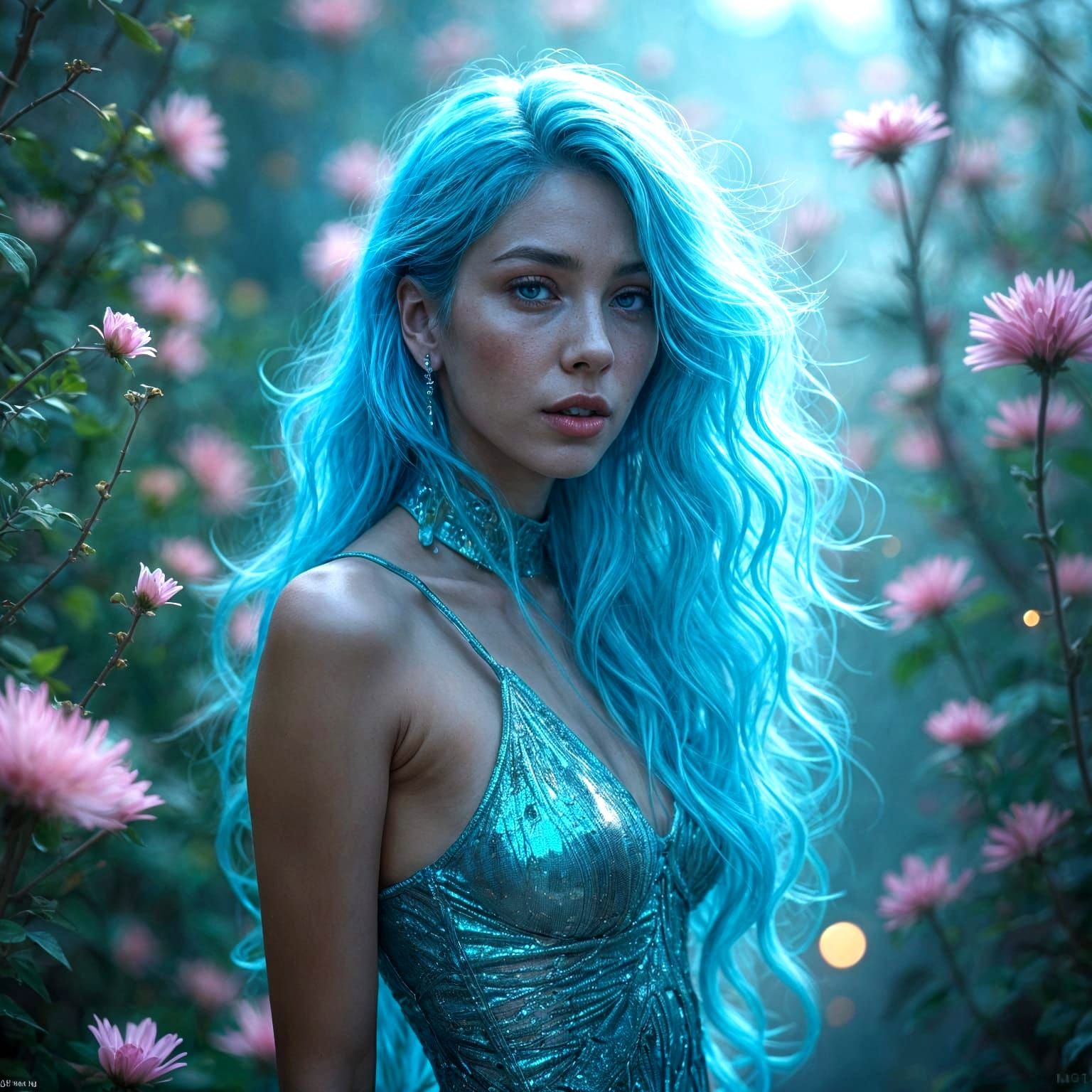 Glamour Model in Alien Field with Electric Blue Hair