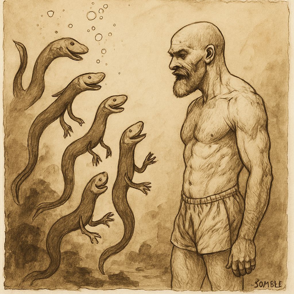 Underwater Encounter: Man and Eels in Egon Schiele Style