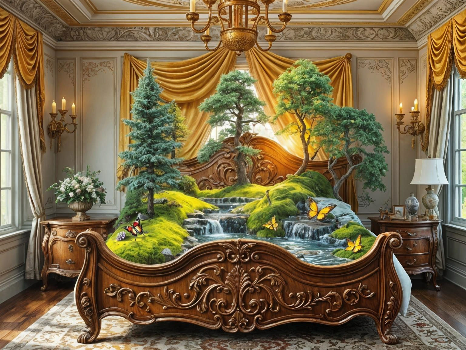 A luxurious, sunlit Victorian bedroom with ornate crown mold...