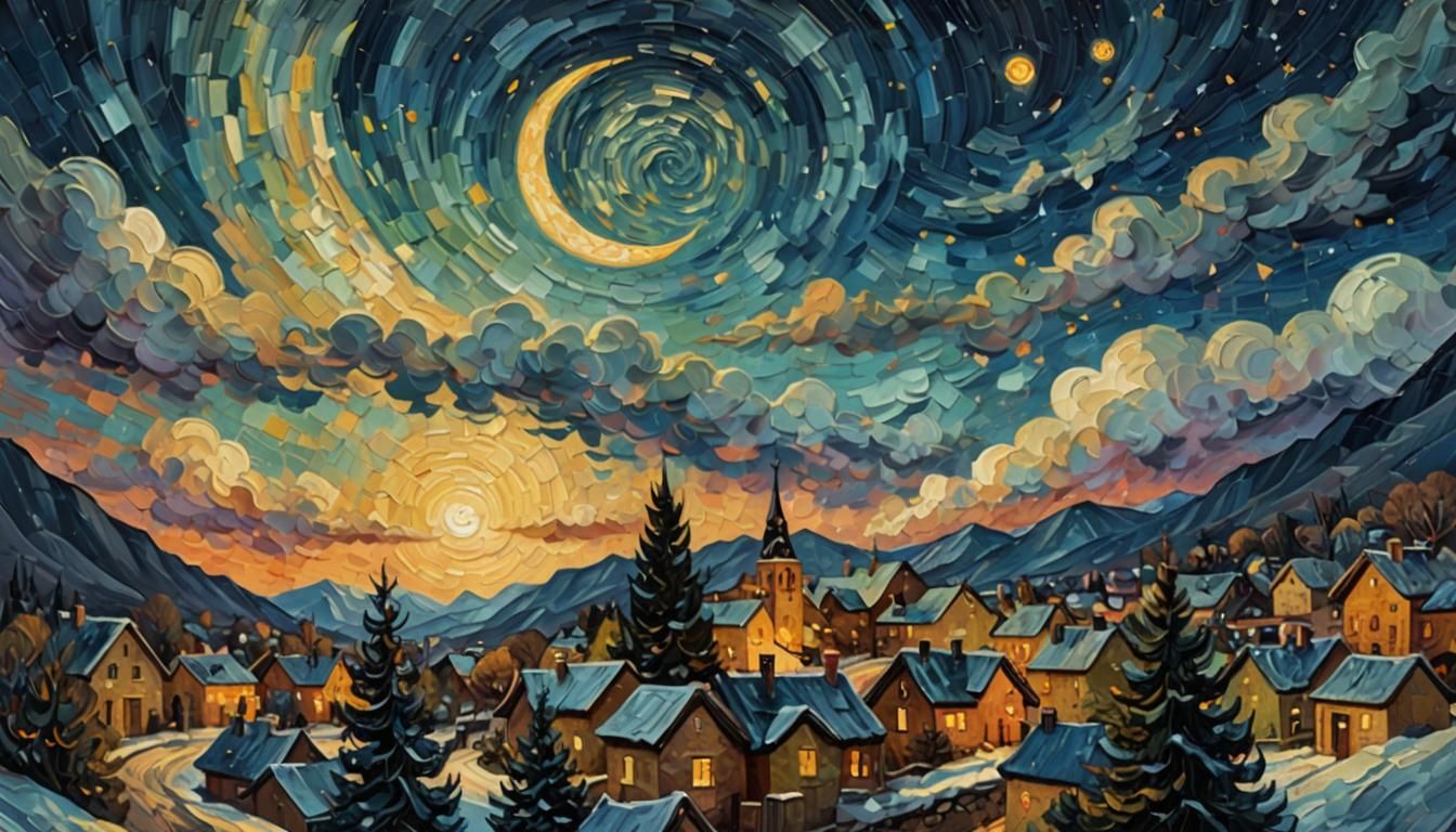 Vincent van Gogh Inspired Starry Night Village Oil Painting