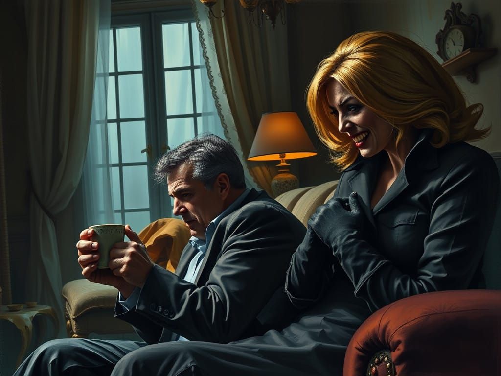 Horrified Man in Impressionistic Parlor Scene