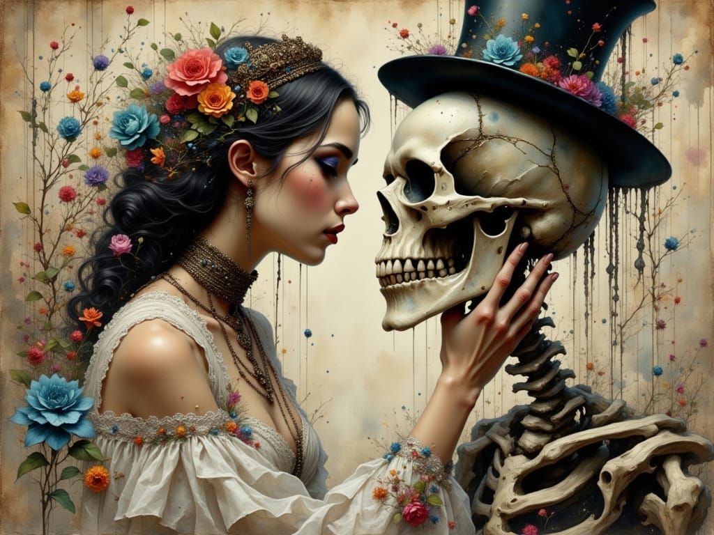 Woman and Skeleton in Shin Hanga Style