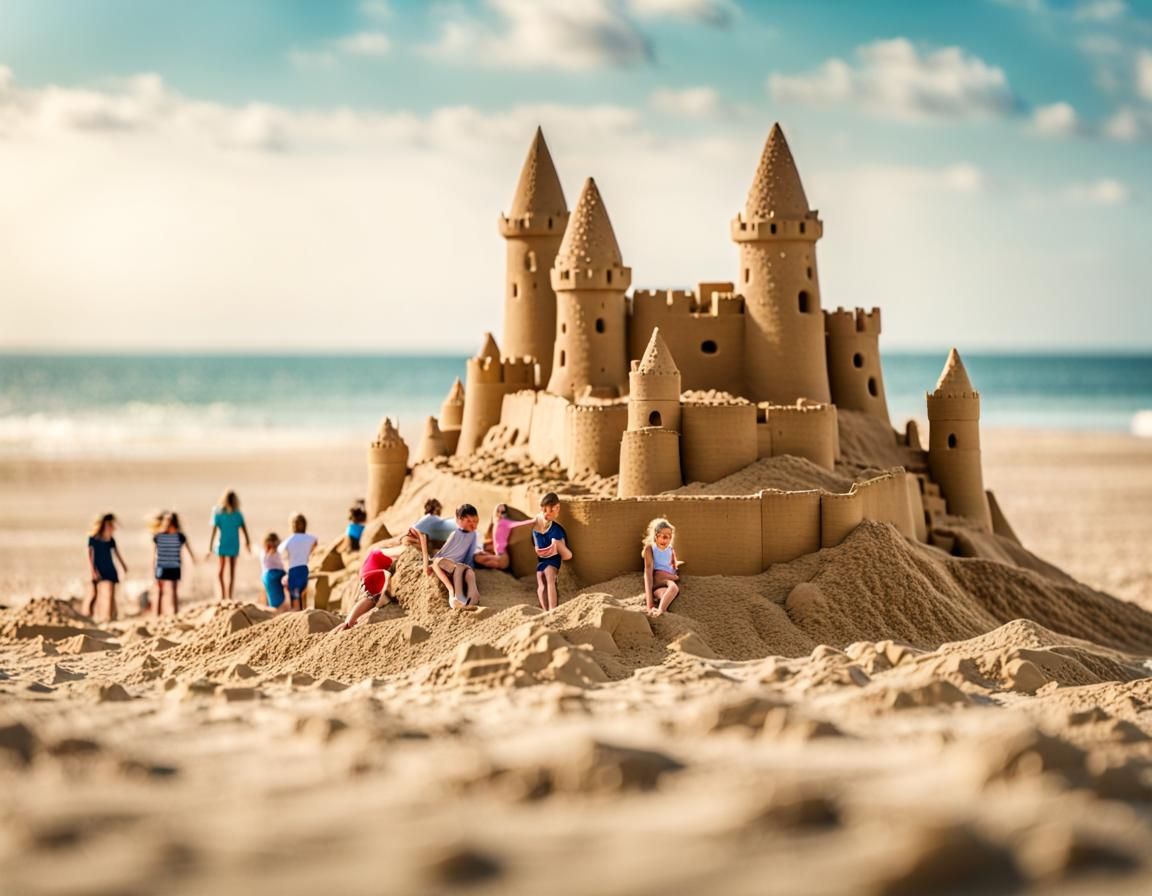 Giant Sandcastle on the Beach with Tiny People