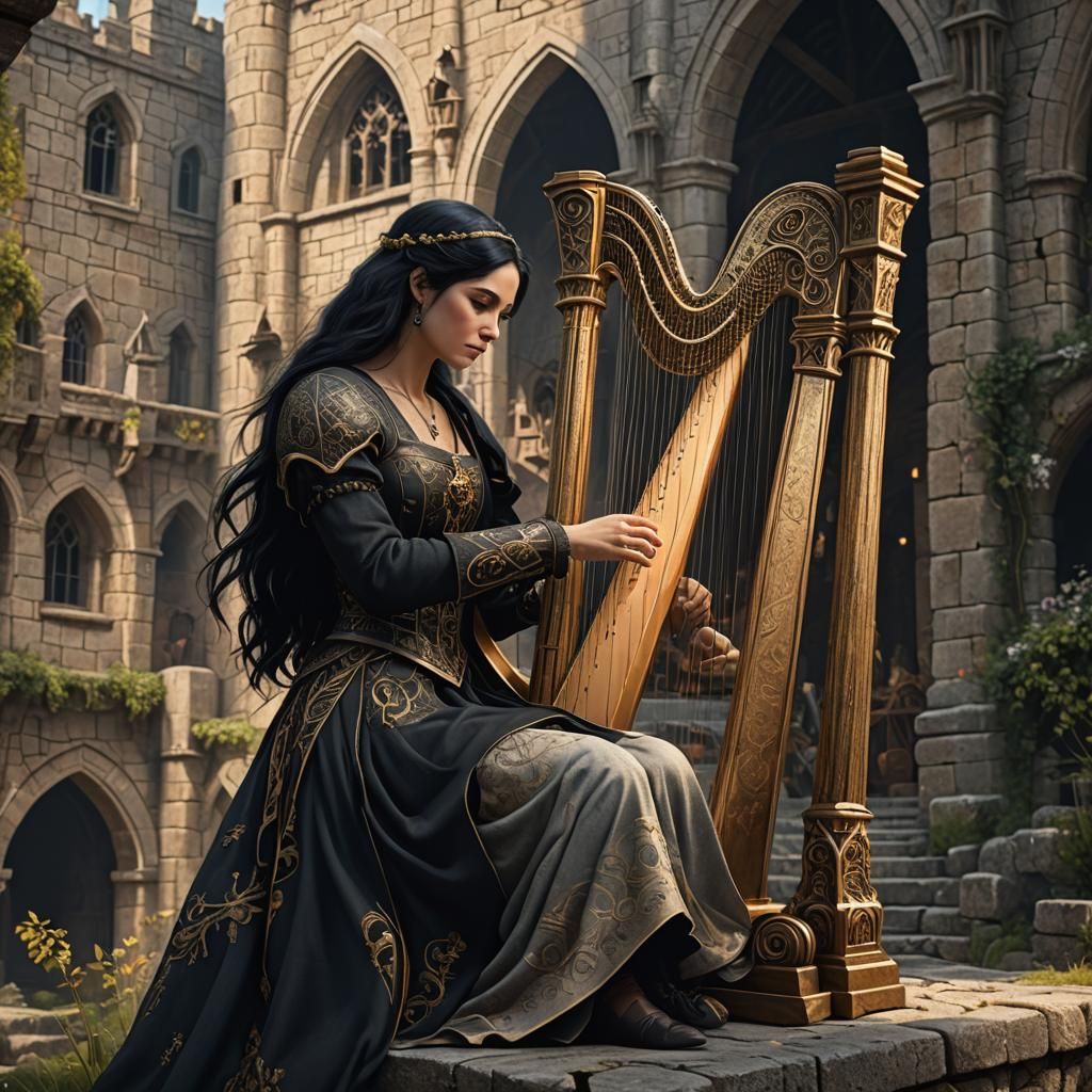Medieval Harpist: Detailed Matte Painting
