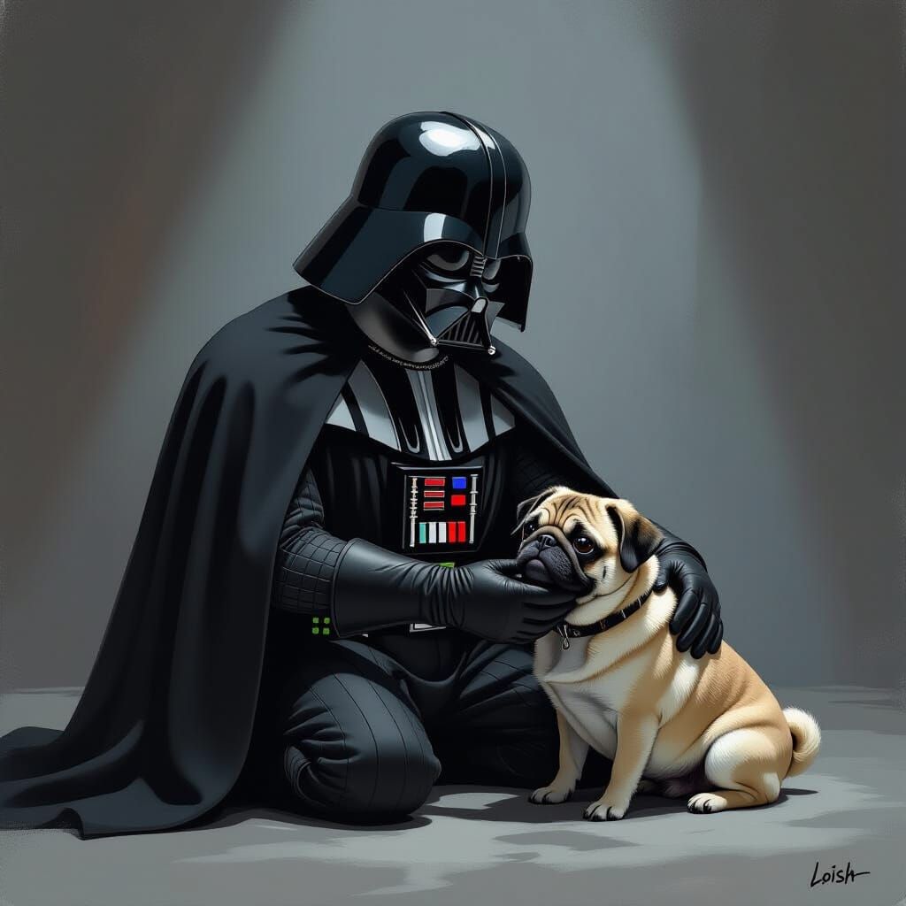 Darth Vader Kneeling Petting a Pug