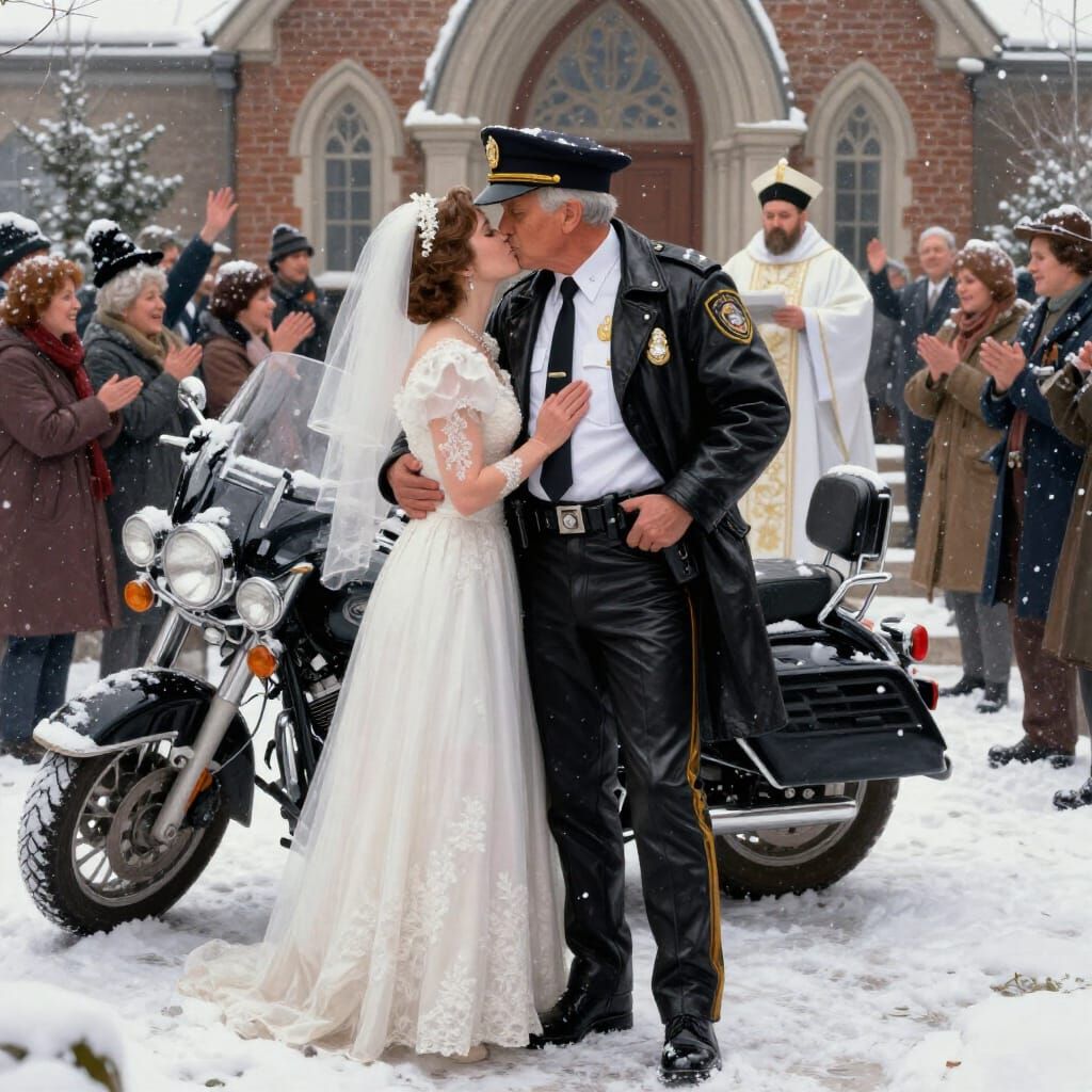 Elder Policeman Kisses Bride in Snowy Winter Wedding