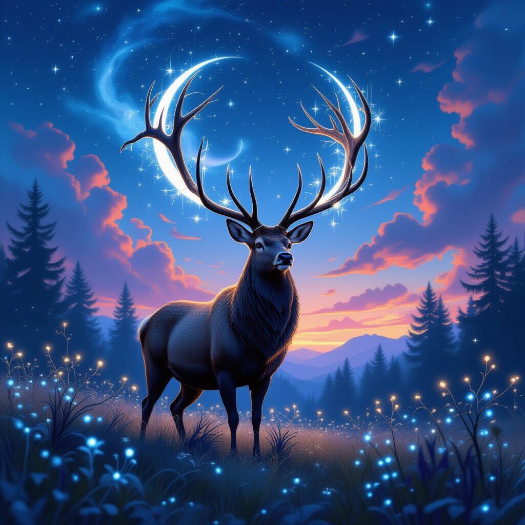 Moonlit Stag in Bioluminescent Dreamscape