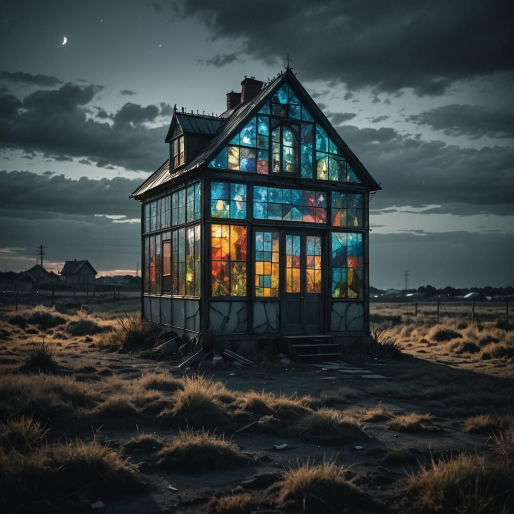 Glowing Stained Glass House in Post-Apocalyptic Field