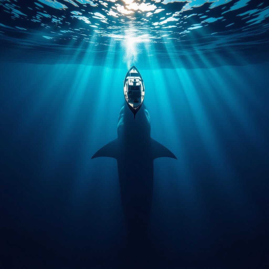 Megalodon Shark Lurks Beneath Boat on Dark Ocean