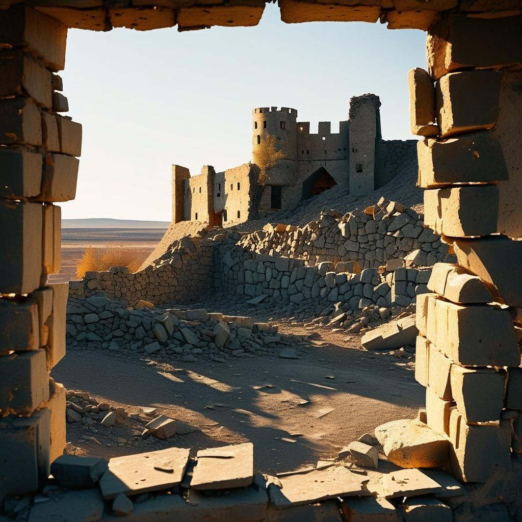 War-Torn Fortress Wall in Golden Hour Light