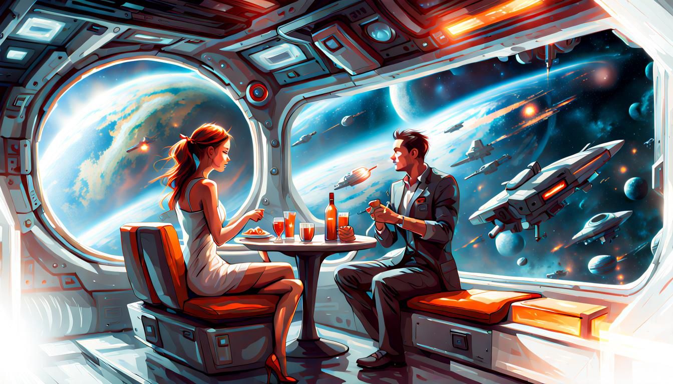Woman at Space Station Cafe in Splash Art Style