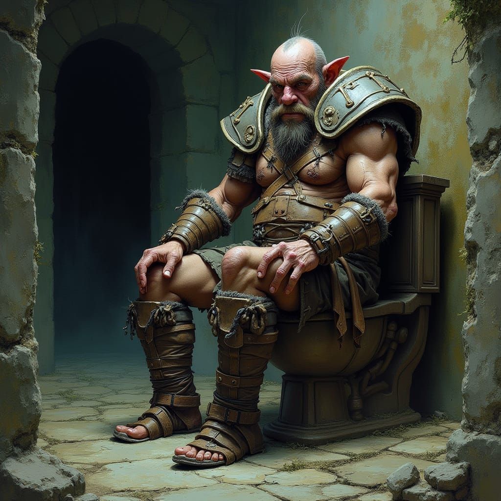 Aged Orc on Toilet in Dark Catacombs