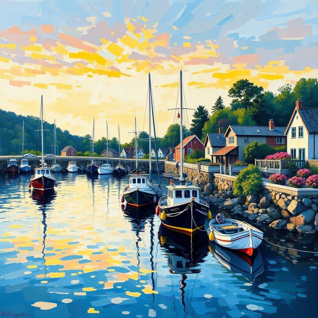 Harbor Scene at Sunrise in Abstract Style