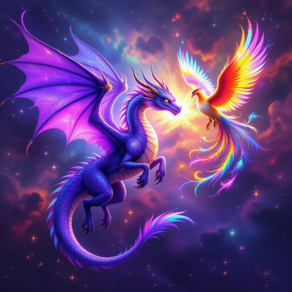 Starlight Dragon and Phoenix Soaring Through Nebula