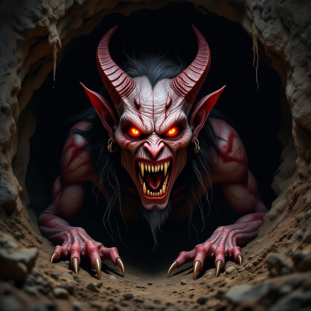 Demonic Creature Emerges from Lair with Fiery Eyes