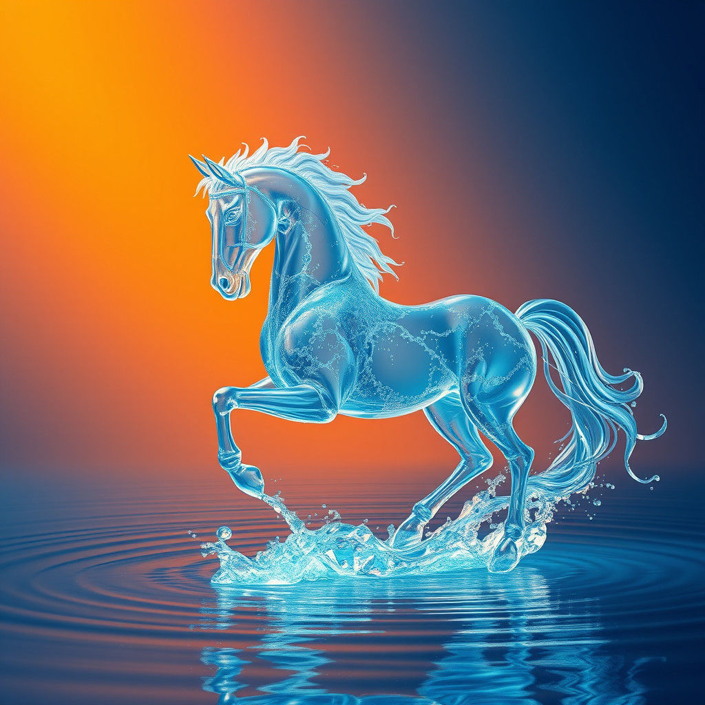 Crystalline Water Horse in Dreamlike Landscape