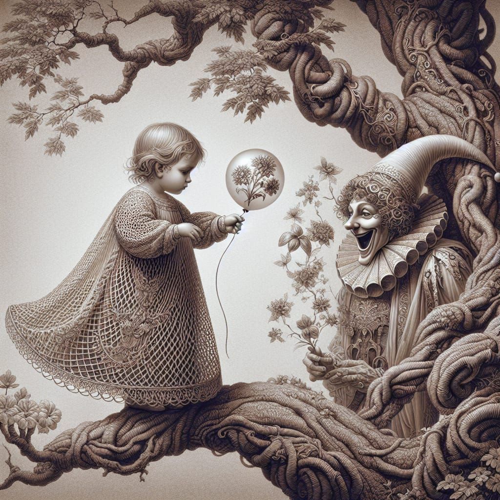 Toddler and Jester Under Ancient Tree: Ethereal Illustration