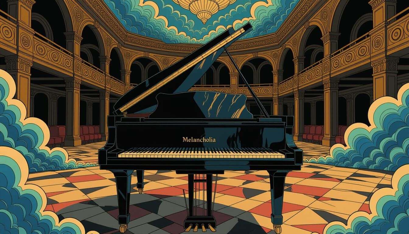 Grand Piano in Art Deco Ballroom with Psychedelic Clouds