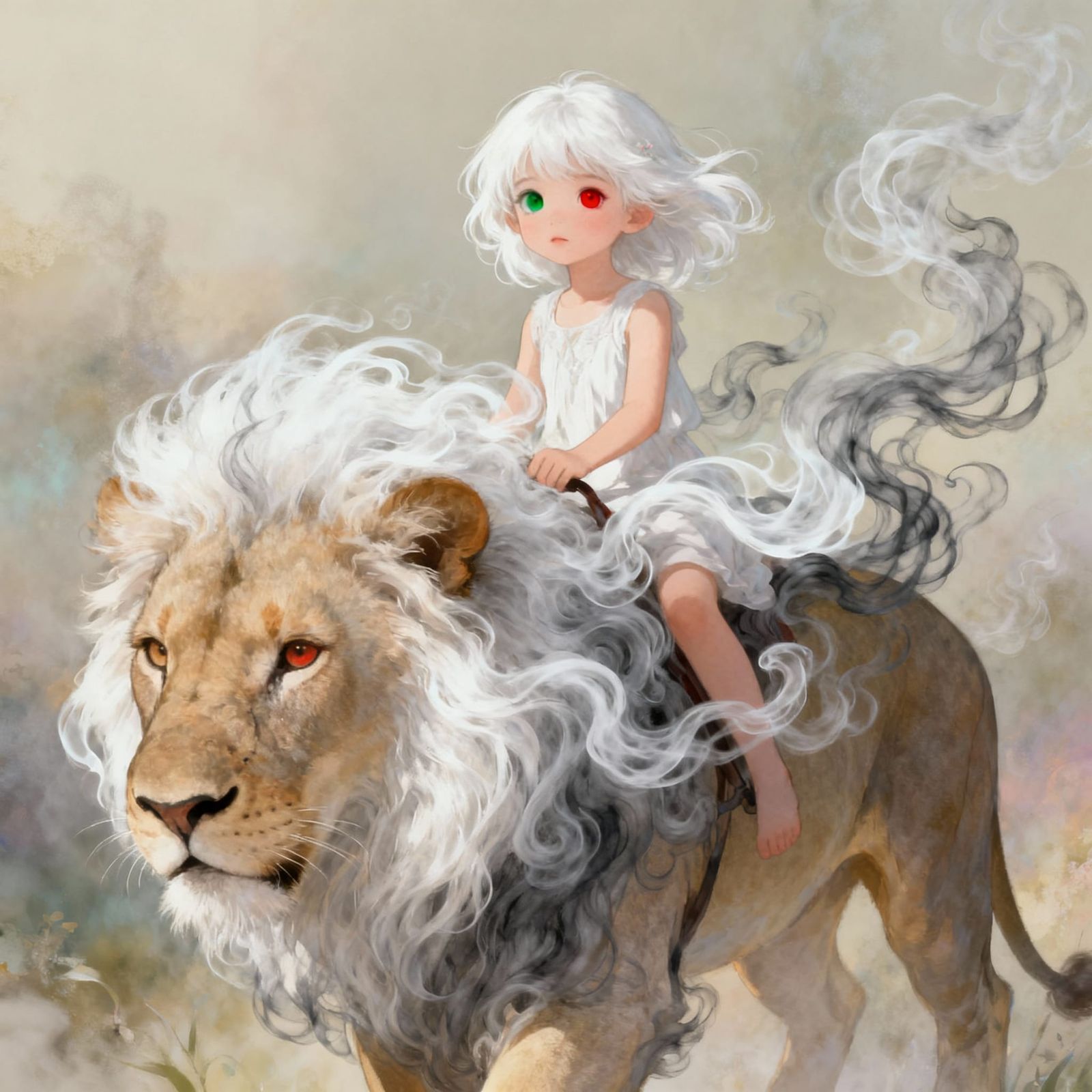 Girl with Smoke Mane Lion Riding Majestic Creature