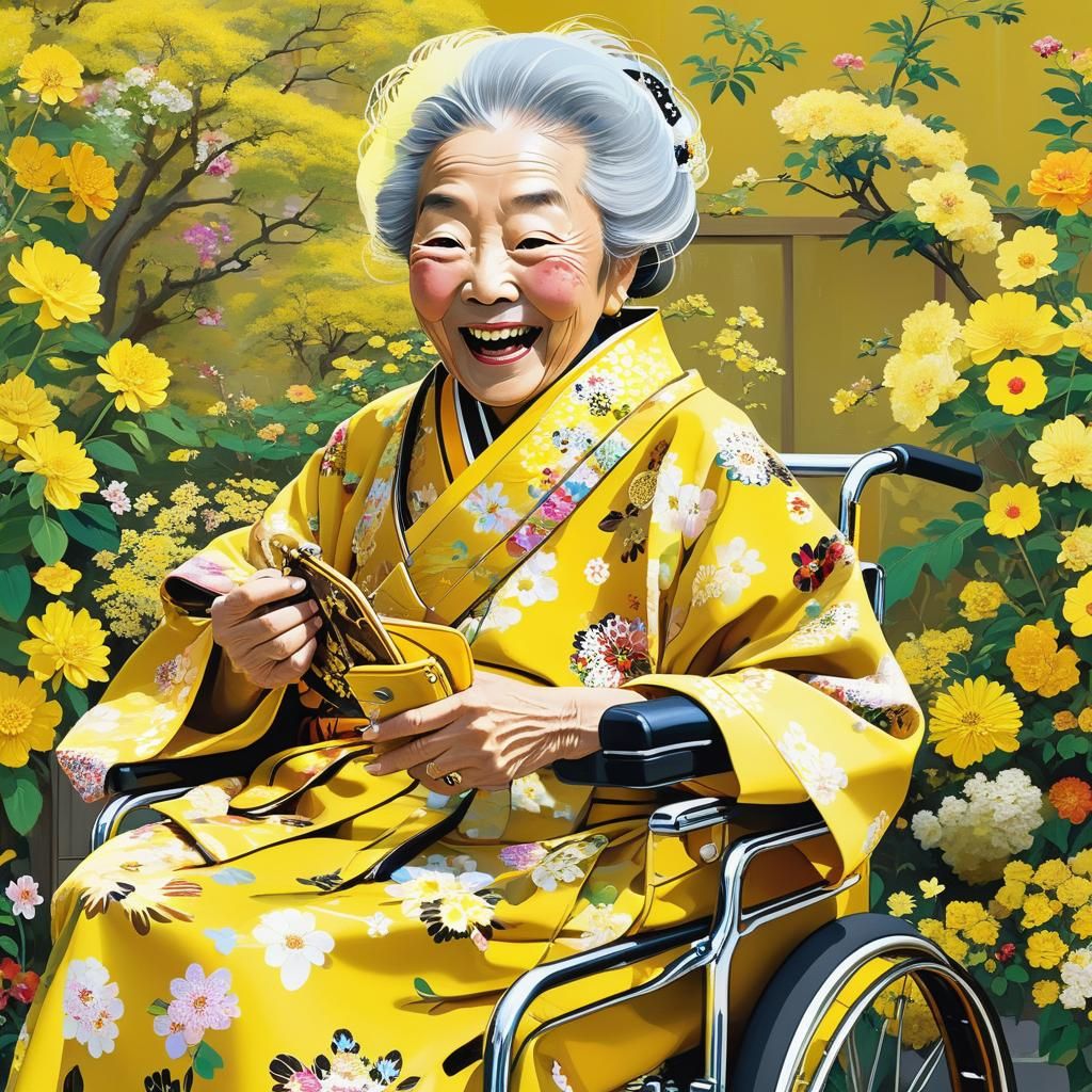Joyful Old Lady in Yellow Kimono, Superflat Art