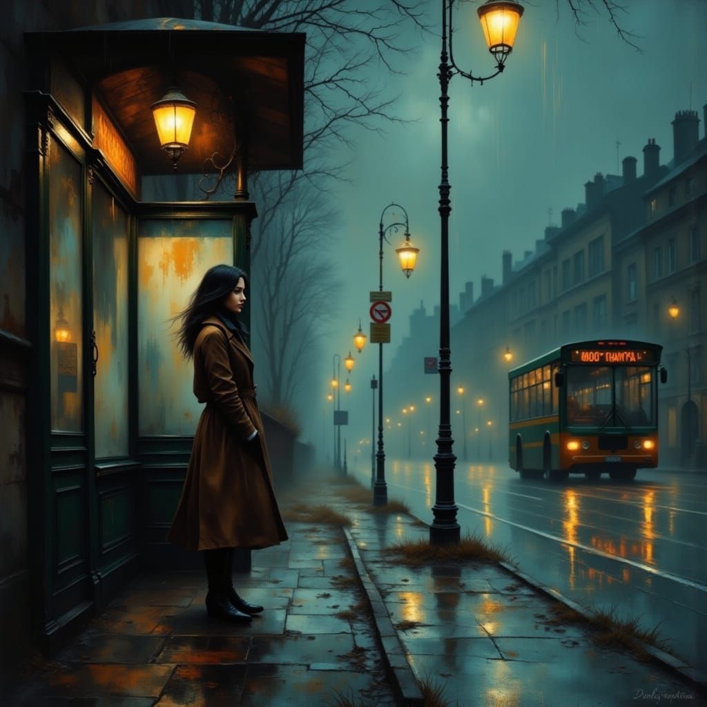 Woman at Rainy Bus Stop in Watercolor Style