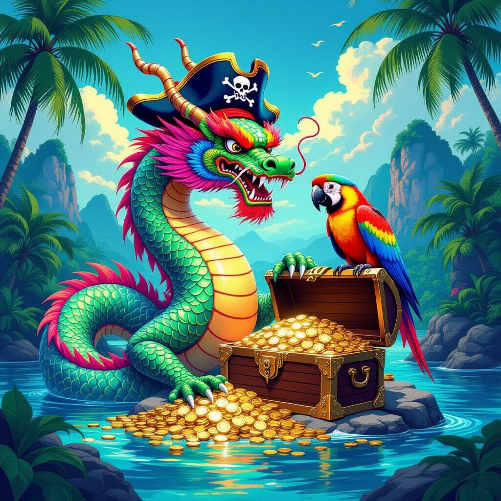 Neon Dragon Pirate Guarding Treasure as Vintage Illustration