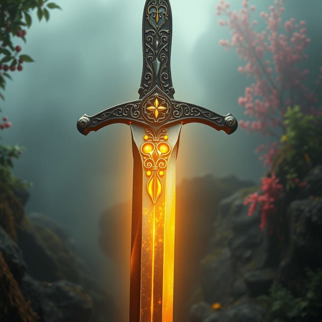 Majestically Lit Fantasy Excalibur Sword in a Misty Atmosphe...