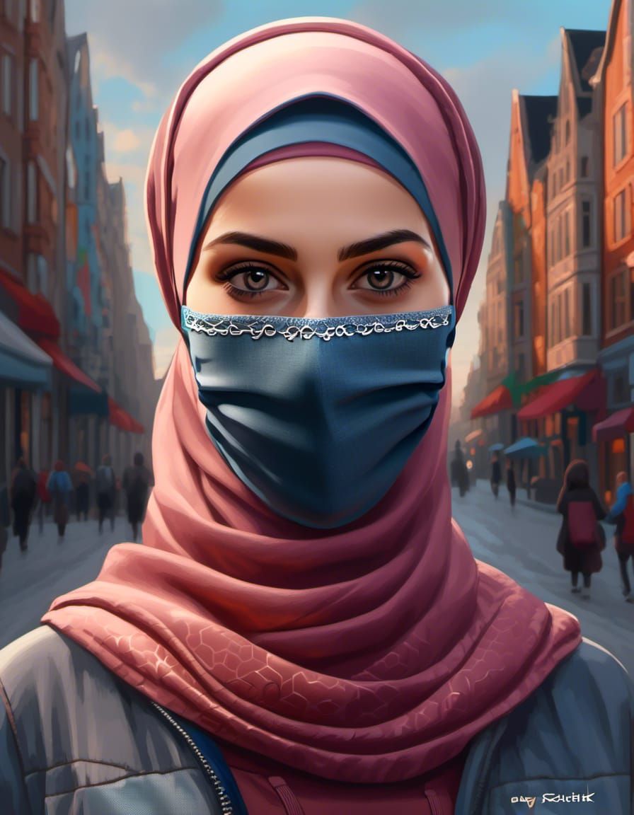Young Woman in Hijab and Mask: Oil Painting