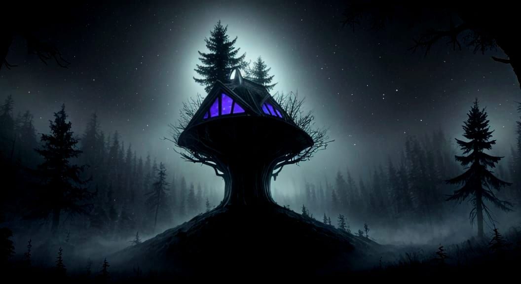 Enchanted Cabin in Haunting Forest Nighttime Scene