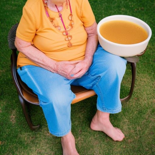 grandma sits outside and relaxes with a big bowl of butterscotch pudding